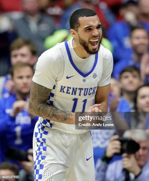 Mychal Mulder of the Kentucky Wildcats reacts against the Arkansas Razorbacks during the championship game at the 2017 Men's SEC Basketball...