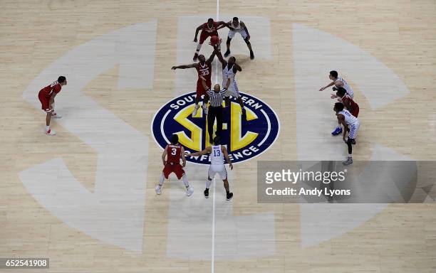 The Kentucky Wildcats and Arkansas Razorbacks tip off during the championship game at the 2017 Men's SEC Basketball Tournament at Bridgestone Arena...