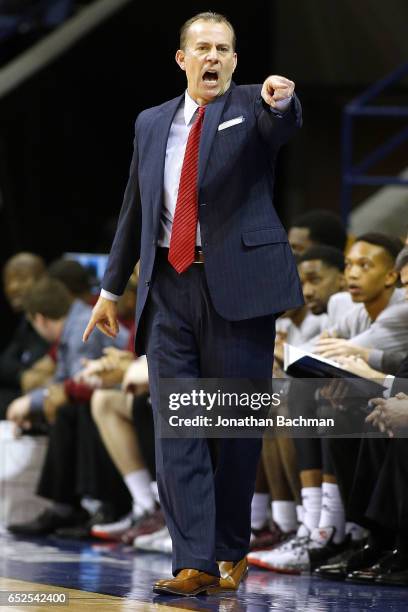 Head coach Phil Cunningham of the Troy Trojans reacts during the first half of a game against the Texas State Bobcats in the final round of the Sun...