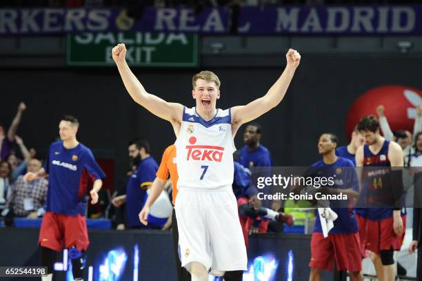 Luka Doncic, #7 guard of Real Madrid celebrates the victory at the end of the La Liga Endesa game between Real Madrid v FC Barcelona at Barclaycard...