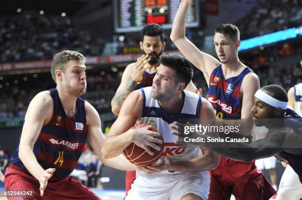 Felipe Reyes, #9 forward of Real Madrid and Tyrese Rice, #2 guard of FC Barcelona during the Liga Endesa game between Real Madrid v FC Barcelona at...