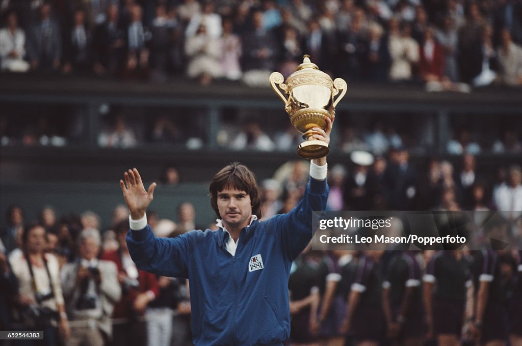 American tennis player Jimmy Connors pictured holding the Gentlemen's