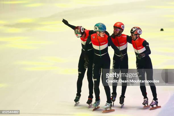 Team of Netherlands with Sjinkie Knegt, Dennis Visser, Itzhak de Laat and Daan Breeuwsma celebrate winning the gold medal after the Mens 5000m relay...