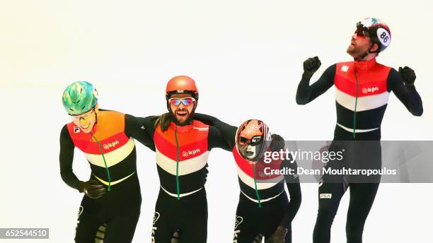 Team of Netherlands with Sjinkie Knegt, Dennis Visser, Itzhak de Laat and Daan Breeuwsma celebrate winning the gold medal after the Mens 5000m relay...