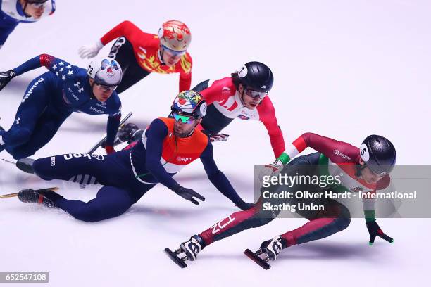 Daan Breeuwsma of Netherlands and Shaoang Liu of Hungary competes in the Mens 1000m semi finals race during day two of ISU World Short Track...