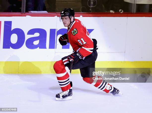 Marian Hossa of the Chicago Blackhawks celebrates a third period goal against the Minnesota Wild at the United Center on March 12, 2017 in Chicago,...