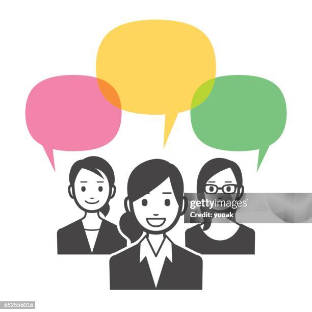 business team with speech bubbles - fun office environment stock illustrations