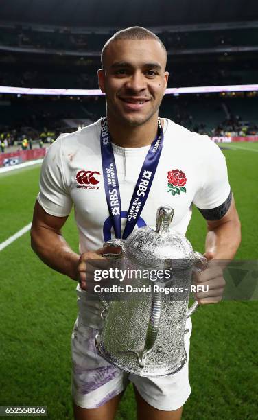 Jonathan Joseph of England, who scored a hat-trick of tries celebrates after their victory during the RBS Six Nations match between England and...