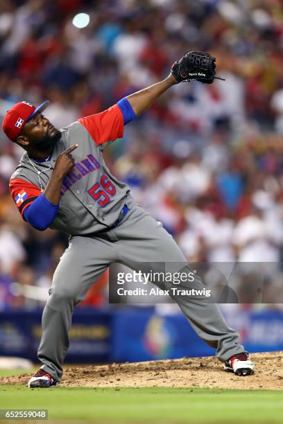 Fernando Rodney of Team Dominican Republic points to the sky during Game 5 of Pool C of the 2017 World Baseball Classic between against Team Colombia...