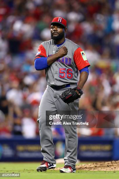 Fernando Rodney of Team Dominican Republic reacts to getting the final out of the eighth inning during Game 5 of Pool C of the 2017 World Baseball...