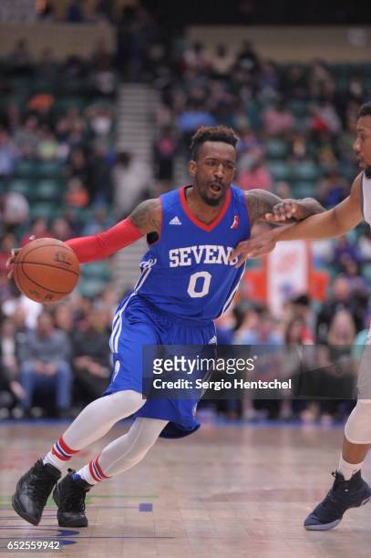 Russ Smith of the Delaware 87ers drives the ball during game against the Texas Legends at The Dr Pepper Arena on March 11, 2017 in Frisco, Texas....