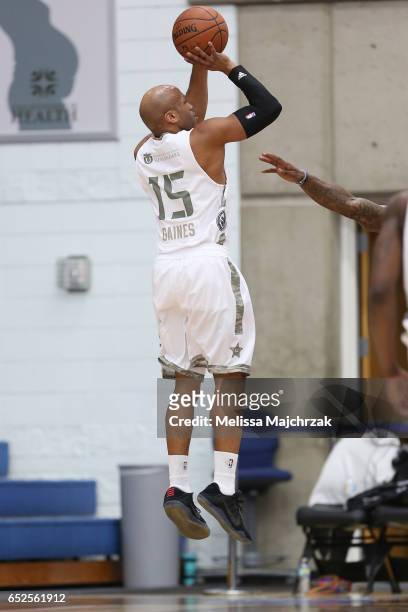 Sundiata Gaines of the Salt Lake City Stars puts the shot up against the Sioux Falls Skyforce at Bruins Arena on March 11, 2017 in Taylorsville,...