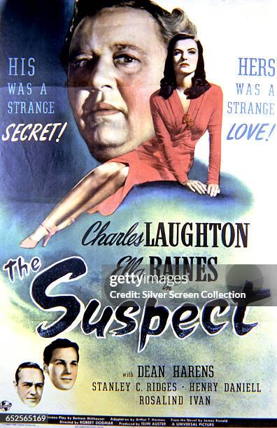 Actors Charles Laughton and Ella Raines appear on a poster for the Universal Pictures film noir 'The Suspect', directed by Robert Siodmak, 1944.