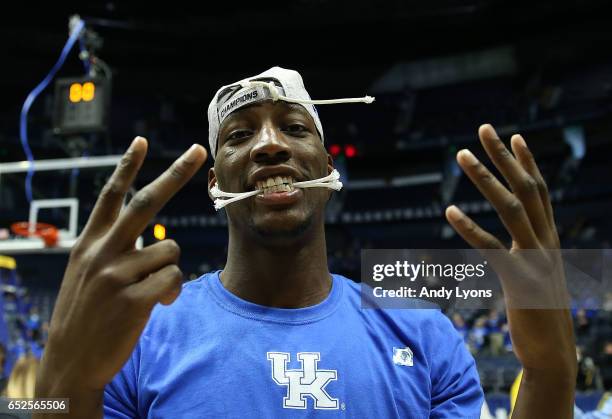 Edrice Adebayo of the Kentucky Wildcats celebrates their 82-65 win over the Arkansas Razorbacks in the championship game at the 2017 Men's SEC...