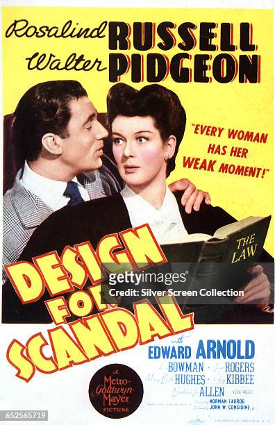 Actors Walter Pidgeon as reporter Jeff Sherman and Rosalind Russell as Judge Cornelia C. Porter on a poster for the MGM romantic comedy 'Design for...