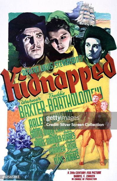 Depictions of Warner Baxter, Arleen Whelan and Freddie Bartholomew on a poster for the 20th Century Fox adventure film 'Kidnapped', based on the...