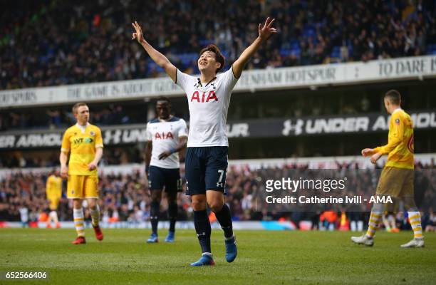 Son Heung-min of Tottenham Hotspur celebrates during The Emirates FA Cup Quarter-Final match between Tottenham Hotspur and Millwall at White Hart...