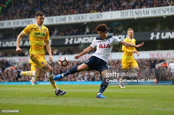 Son Heung-min of Tottenham Hotspur steps up to score a goal to make it 6-0 during The Emirates FA Cup Quarter-Final match between Tottenham Hotspur...