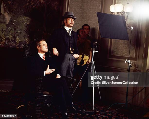 Paul Newman as Butch Cassidy and Robert Redford as the Sundance Kid, posing for a photograph on the set of the western film 'Butch Cassidy and the...