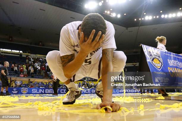 Ojai Black of the Texas State Bobcats reacts after the championship game of the Sun Belt Basketball Tournament against the Troy Trojans at UNO...
