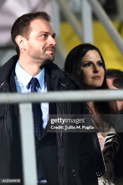 Citta' di Palermo new President Paul Baccaglini and his girlfriend Thais Souza Wiggers look on during the Serie A match between US Citta di Palermo...