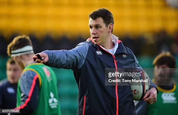 England U20 Coach Louis Deacon during the Under 20s Six Nations Rugby match between England U20 and Scotland U20 at Franklin's Gardens on March 11,...