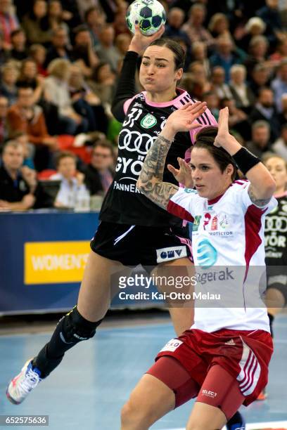 Yvette Broch shoots in the game between Larvik HK and Gyori Audi ETO KC on March 12, 2017 in Larvik, Norway.