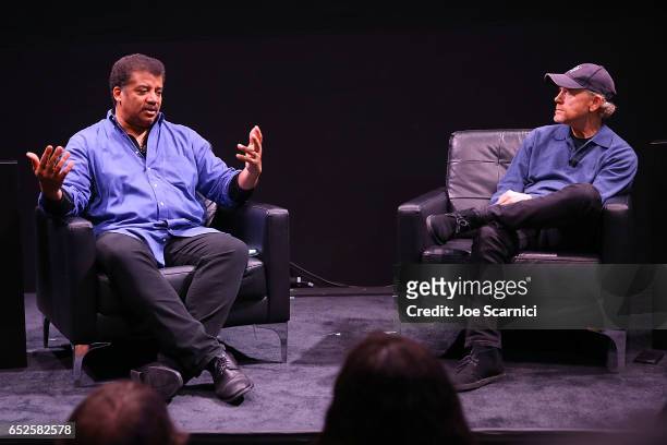 Neil deGrasse Tyson and Ron Howard speak onstage at the "Nat Geo Further Base Camp" at SXSW 2017 - Day 3 on March 12, 2017 in Austin, Texas.
