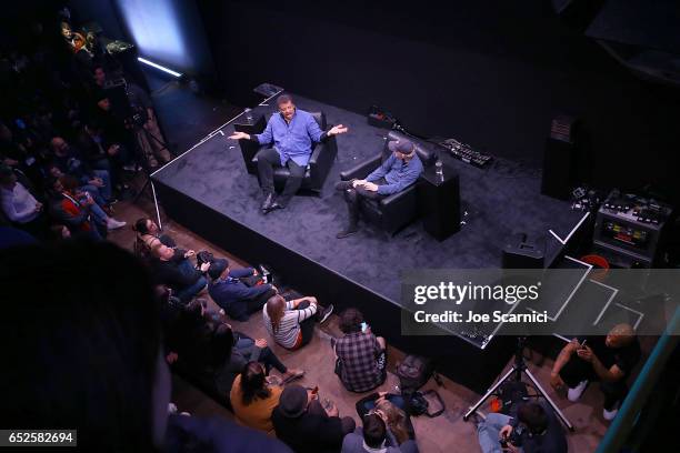 Neil deGrasse Tyson and Ron Howard speak onstage at the "Nat Geo Further Base Camp" at SXSW 2017 - Day 3 on March 12, 2017 in Austin, Texas.