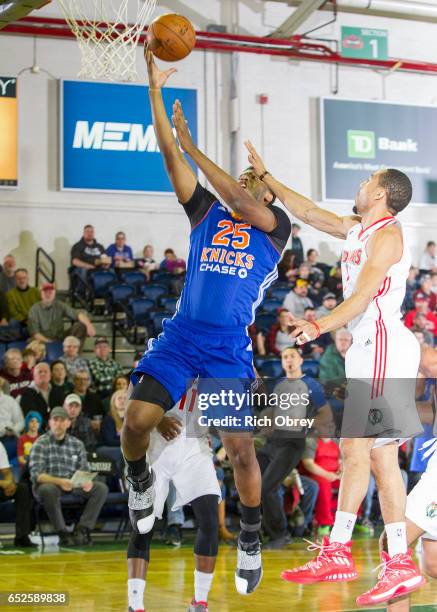 Damien Inglis of the Westchester Knicks drives past Coron Williams of the Maine Red Claws on Sunday, March 12, 2017 at the Portland Expo in Portland,...