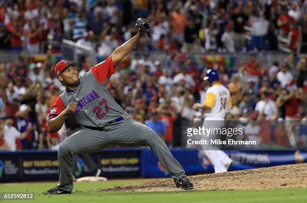Jeurys Familia of the Dominican Republic reacts to winning a Pool C game of the 2017 World Baseball Classic against Colombia at Miami Marlins Stadium...