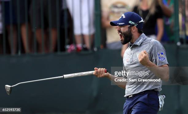 Adam Hadwin of Canada reacts on the 18th green after winning the Valspar Championship during the final round at Innisbrook Resort Copperhead Course...