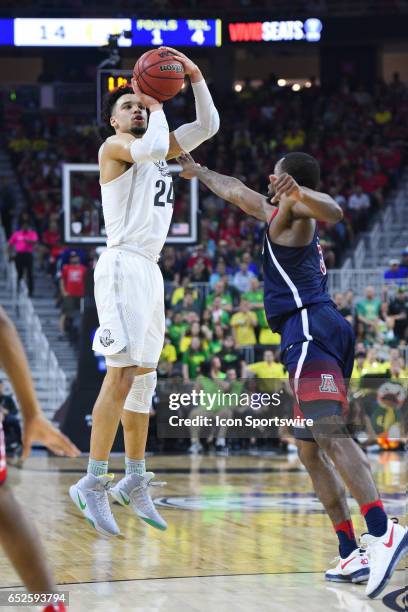 Oregon forward Dillon Brooks shoots a three pointer during the championship game of the Pac-12 Tournament between the Oregon Ducks and the Arizona...