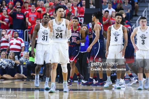 Oregon forward Dillon Brooks reacts to a call during the championship game of the Pac-12 Tournament between the Oregon Ducks and the Arizona Wildcats...