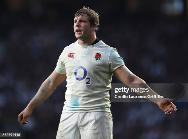 Joe Launchbury of England looks on during the RBS Six Nations match between England and Scotland at Twickenham Stadium on March 11, 2017 in London,...