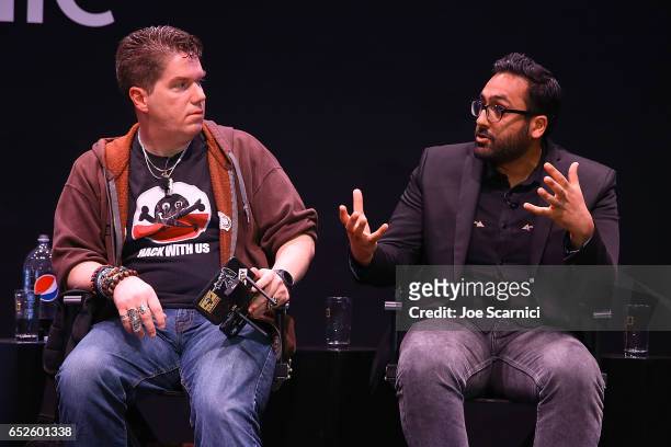 Jayson Street and Nafees Hamid speak onstage during the Breakthrough panel on cyberterror at the "Nat Geo Further Base Camp" At SXSW 2017 - Day 3 on...