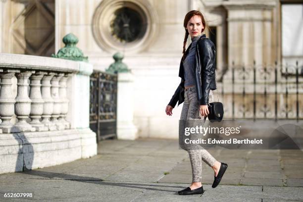 Ophelie Duvillard, model and fashion blogger, wears Bobbies shoes, IKKS snake print leggings pants, a Primark gray wool turtleneck top, a Newlook...