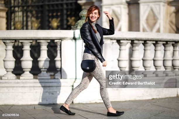 Ophelie Duvillard, model and fashion blogger, wears Bobbies shoes, IKKS snake print leggings pants, a Primark gray wool turtleneck top, a Newlook...