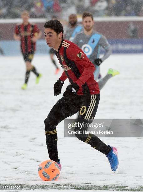 Miguel Almiron of Atlanta United FC controls the ball against the Minnesota United FC during the second half of the match on March 12, 2017 at TCF...