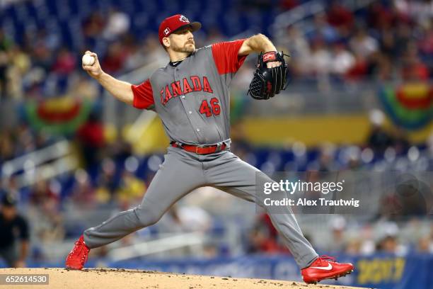 Ryan Dempster of Team Canada pitches in the first inning during Game 6 of Pool C of the 2017 World Baseball Classic against Team USA on Sunday, March...