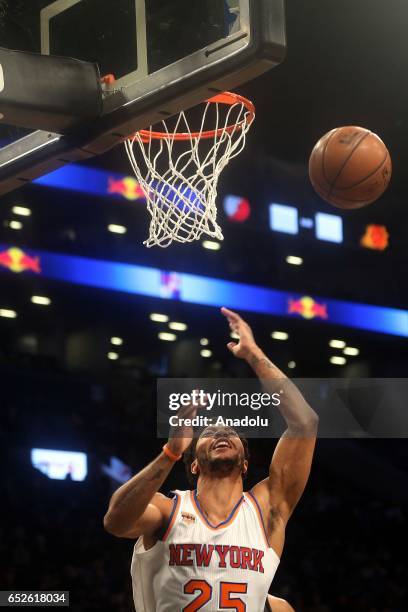 Derrick Rose of New York Knicks reacts after loosing a dunk during Brooklyn Nets and New York Knicks NBA game in Barclays Center in Brooklyn borough...