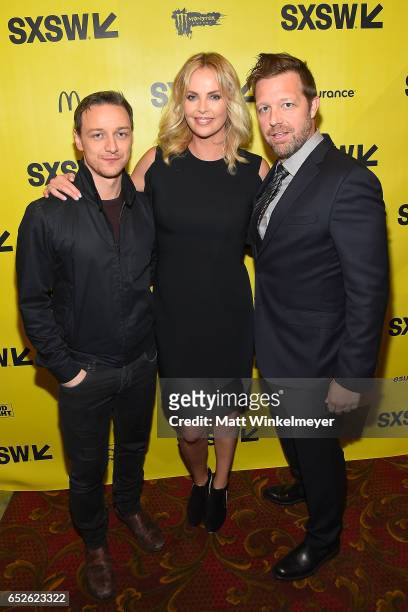 Actors James McAvoy, Charlize Theron, and director David Leitch attend the "Atomic Blonde" premiere 2017 SXSW Conference and Festivals on March 12,...