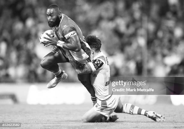 Semi Radradra of the Eels is tackled by Gareth Widdop of the Dragons during the round two NRL match between the St George Illawarra Dragons and the...