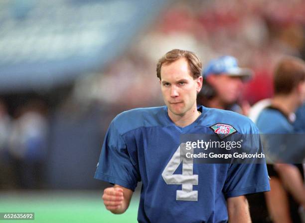 Kicker Jason Hanson of the Detroit Lions looks on from the sideline during a game against the Minnesota Vikings at the Pontiac Silverdome on December...