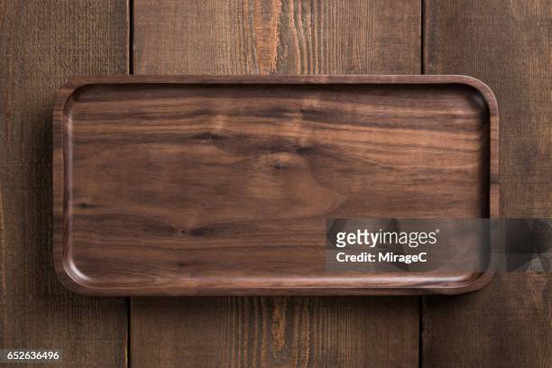empty wooden plate tray - serving tray ストックフォトと画像