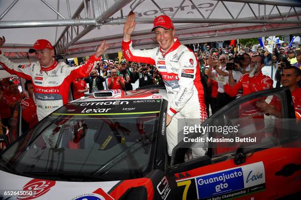Kris Meeke of Great Britain and Paul Nagle of Ireland celebrate their success during Day Three of the WRC Mexico on March 12, 2017 in Leon, Mexico.