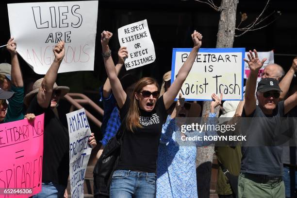 Protestors demonstrate against Breitbart News and what the protestors describe as the media company's propaganda for the Trump administration, March...