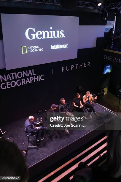 Chris Rosen, Ron Howard, Brian Grazer, Samantha Colley and Johnny Flynn speak onstage at the Genius Panel at the "Nat Geo Further Base Camp" during...