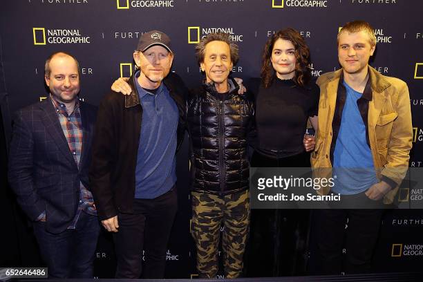 Chris Rosen, Ron Howard, Brian Grazer, Samantha Colley and Johnny Flynn attend the Genius Panel at the "Nat Geo Further Base Camp" during day 3 of...