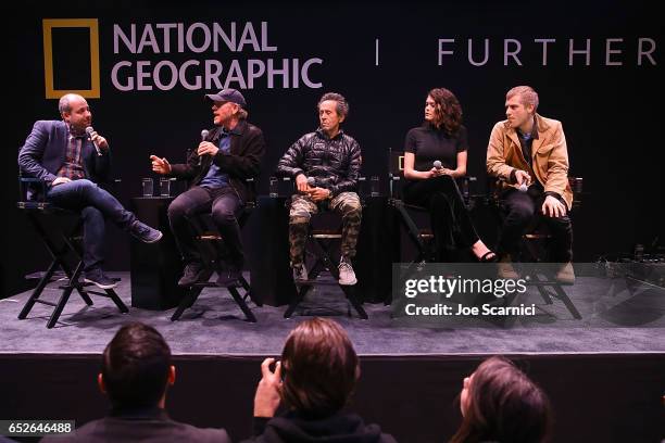 Chris Rosen, Ron Howard, Brian Grazer, Samantha Colley and Johnny Flynn speak onstage at the Genius Panel at the "Nat Geo Further Base Camp" during...